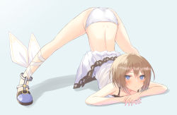 Rule 34 | 1girl, :/, all fours, ankle ribbon, ass, back, bare legs, bare shoulders, blanc (neptunia), blue eyes, blush, brown hair, clothes lift, commentary request, cross print, dress, dress lift, embarrassed, full body, hair between eyes, jack-o&#039; challenge, leg ribbon, legs, legs apart, looking at viewer, medium hair, meme, neptune (series), panties, ray 726, ribbon, solo, spaghetti strap, thighs, top-down bottom-up, underwear, white dress, white panties, white ribbon