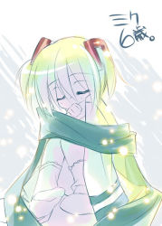 Rule 34 | 1girl, blonde hair, blue scarf, borrowed clothes, child, closed eyes, full body, hatsune miku, headgear, knees up, rei (artist), rei (rei&#039;s room), scarf, sitting, smile, snowing, socks, solo, twintails, vocaloid, white socks