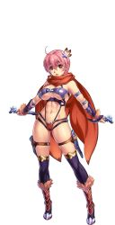 Rule 34 | 1girl, bare shoulders, berna (sennen sensou aigis), bikini armor, boots, breasts, feet, flower, full body, gauntlets, hair flower, hair ornament, highres, holding, large breasts, legs, looking at viewer, navel, parted lips, pink eyes, pink hair, scarf, sennen sensou aigis, short hair, smile, solo, thighs, thong, transparent background, white background