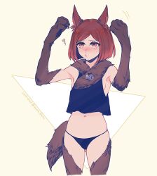Rule 34 | 1girl, animal ear fluff, animal ears, animal hands, arms up, black panties, blush, body fur, breasts, brooch, crop top, danganronpa (series), danganronpa v3: killing harmony, dated, eyelashes, jewelry, looking up, navel, panties, pout, red eyes, red hair, short hair, sideboob, sleeveless, small breasts, solo, standing, tail, thighs, twitter username, underwear, upper body, wolf ears, wolf girl, wolf tail, yamaikana, yellow background, yumeno himiko