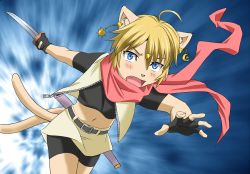 Rule 34 | 1girl, animal ears, attack, blonde hair, blue eyes, cat, fang, female focus, furry, furry female, gradient background, midriff, navel, open mouth, platin (alios), short hair, skirt, solo