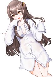 1girl blush breasts brown_eyes brown_hair collarbone girls&#039;_frontline long_hair looking_at_viewer lying no_pants on_back open_mouth peroronti scar scar_across_eye scar_on_face shirt solo twintails ump45_(girls&#039;_frontline) white_background white_shirt