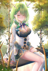 Rule 34 | 1girl, absurdres, antlers, axschy, blue ribbon, blush, braid, braided bangs, breasts, brooch, ceres fauna, cleavage, dress, flower, green hair, hair between eyes, hair flower, hair ornament, highres, holocouncil, hololive, hololive english, horns, jewelry, kneehighs, leggings, long hair, long sleeves, looking at viewer, mole, mole under eye, plant, ribbon, single braid, sitting, smile, socks, solo, swing, tree, vines, virtual youtuber, white dress, wide sleeves