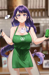 Rule 34 | 1girl, :&lt;, ?, apron, artist name, bare shoulders, between breasts, blunt bangs, bottle, braid, breasts, burnt green tea, cleavage, closed mouth, collarbone, cowboy shot, cup, disposable cup, eyeliner, feet out of frame, forehead, genshin impact, green apron, highres, holding, holding cup, holding pen, iced latte with breast milk (meme), large breasts, legs apart, long hair, low-braided long hair, low-tied long hair, makeup, meme, milk bottle, mole, mole on breast, mole under eye, nail polish, naked apron, pen, pink eyes, purple hair, purple nails, raiden shogun, shiny skin, solo, speech bubble, standing, thighs, very long hair, wet, wet apron, wet clothes