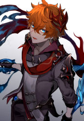 Rule 34 | 1boy, black gloves, blue eyes, dual wielding, earrings, from above, genshin impact, gloves, gradient background, hair between eyes, holding, holding weapon, jacket, jewelry, male focus, mask, mask on head, namae (areees), open mouth, orange hair, pants, red scarf, scarf, simple background, single earring, solo, tartaglia (genshin impact), vision (genshin impact), weapon