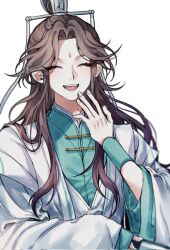 Rule 34 | 1girl, :d, bisu (hw3op), brown hair, chinese clothes, closed eyes, facial mark, forehead mark, green wristband, hair ornament, hand fan, hand on own face, hanfu, happy, highres, holding, holding fan, long hair, open mouth, robe, shi qingxuan, smile, solo, thick eyelashes, tianguan cifu, white robe, xiao guan (headdress)
