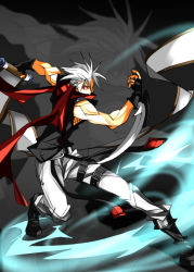 Rule 34 | 1boy, arc system works, battle, belt, blade, chipp zanuff, full body, guilty gear, knife, looking at viewer, pants, red eyes, scarf, scroll, shiki (gjmatpw), slashing, standing, thigh strap, weapon, white hair, zoom layer