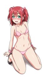 Rule 34 | 1girl, arm support, bikini, black footwear, bow, breasts, d:, embarrassed, full body, green eyes, hair bow, highres, kneeling, kurosawa ruby, looking at viewer, love live!, love live! sunshine!!, navel, open mouth, pink bikini, pink bow, red hair, shoes, side-tie bikini bottom, simple background, small breasts, solo, swimsuit, two side up, white background, wristband, yopparai oni