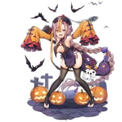 Rule 34 | 1girl, absurdly long hair, barefoot, bat (animal), black nails, black thighhighs, braid, breasts, brown eyes, brown hair, chinese clothes, detached sleeves, douya (233), dress, fangs, full body, girls&#039; frontline, groin, halloween costume, hat, jack-o&#039;-lantern, jiangshi, jiangshi costume, large breasts, long hair, looking at viewer, mole, mole under eye, nail polish, official alternate costume, official art, ofuda, open mouth, outstretched arms, pumpkin, qingdai guanmao, sidelocks, sleeves past fingers, sleeves past wrists, solo, talisman, thighhighs, toeless legwear, transparent background, type 97 shotgun (girls&#039; frontline), type 97 shotgun (ingenious stratagem no.97) (girls&#039; frontline), vampire, very long hair, weapon bag, wide sleeves
