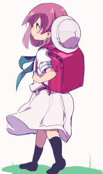 Rule 34 | 1girl, aged down, backpack, bag, hat, hiyo kotori, miyanaga teru, randoseru, red hair, saki (manga), school hat, school uniform, short hair, solo