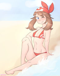 Rule 34 | 1girl, arm at side, arm rest, armpits, artist request, bandana, barefoot, beach, bikini, blue eyes, bow, breasts, brown hair, cleavage, covered erect nipples, creatures (company), day, eyelashes, feet, female focus, fingernails, flat chest, full body, game freak, gen 3 pokemon, hair ornament, happy, knee up, legs, looking at viewer, may (pokemon), medium hair, midriff, navel, nintendo, one eye closed, outdoors, poke ball print, pokemon, pokemon rse, red bandana, red bikini, red bow, red headwear, red ribbon, ribbon, shiny skin, short ponytail, side bangs, sitting, sky, smile, soles, summer, sunlight, swimsuit, thighs, tiptoes, toenails, toes, water, water drop, wet, wink