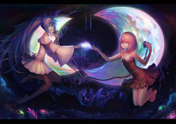 Rule 34 | 2girls, alternate costume, barefoot, blonde hair, blue eyes, blue hair, chain, crescent moon, crystal, dress, feet, female focus, framed, gem, glowing, hatsune miku, highres, jumping, kagamine rin, long hair, microphone, moon, multiple girls, night, night sky, no shoes, one eye closed, pantyhose, short hair, sky, smile, string, twintails, vocaloid, wink, wire, yandywu
