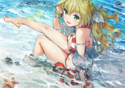 Rule 34 | 1girl, anklet, arm support, bad id, bad pixiv id, barefoot, beach, bikini, blonde hair, breasts, criss-cross halter, day, fate/grand order, fate (series), feet, green eyes, halterneck, jewelry, long hair, nero claudius (fate), nero claudius (fate) (all), nero claudius (swimsuit caster) (fate), ocean, sitting, solo, starfish, striped bikini, striped clothes, suzumedachi, swimsuit