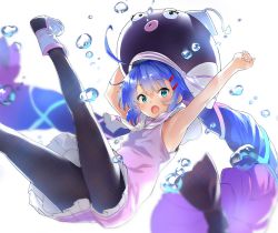 Rule 34 | 1girl, ahoge, black pantyhose, blue eyes, blue hair, blurry, blush, bubble, commentary request, depth of field, dress, eel hat, hair ornament, hair ribbon, hairclip, hat, long hair, open mouth, otomachi una, otomachi una (talkex), pantyhose, ribbon, sailor collar, sawayaka samehada, shoes, solo, talkex, twintails, very long hair, vocaloid, water, white background, white footwear