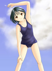Rule 34 | 1girl, artist request, black hair, blue one-piece swimsuit, blush, breasts, brown eyes, character request, cloud, collarbone, copyright request, looking at viewer, one-piece swimsuit, school swimsuit, short hair, sky, small breasts, smile, solo, stretching, swimsuit
