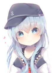 Rule 34 | 1girl, anchor, anchor symbol, blue eyes, blush, closed mouth, commentary request, hat, hibiki (kancolle), highres, kantai collection, long hair, long sleeves, looking at viewer, outline, sailor collar, school uniform, serafuku, silver hair, simple background, smile, solo, sorahachi (sora823), upper body, white background