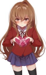 Rule 34 | 1girl, aisaka taiga, black ribbon, black thighhighs, blazer, blue skirt, blush, box, brown eyes, brown hair, buttons, closed mouth, collared shirt, commentary request, cowboy shot, double-breasted, gift, hair between eyes, heart-shaped box, highres, holding, holding gift, jacket, long hair, long sleeves, looking at viewer, neck ribbon, oohashi high school uniform, pleated skirt, red jacket, ribbon, school uniform, shirt, simple background, skirt, solo, standing, thighhighs, tomoshibi (rokugatsu), toradora!, white background, white shirt