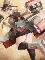 Rule 34 | 1girl, anchor hair ornament, aqua eyes, armor, black skirt, black thighhighs, blonde hair, breastplate, cannon, dress, feet out of frame, gloves, hair ornament, hat, highres, honmakaina kudou, kantai collection, long hair, looking at viewer, machinery, microskirt, military, military uniform, over-kneehighs, peaked cap, pleated dress, pleated skirt, pointing, prinz eugen (kancolle), skirt, solo, thighhighs, turret, twintails, uniform, white gloves