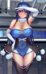 Rule 34 | 1girl, alternate costume, arm up, bare shoulders, black thighhighs, blue hair, blue leotard, breasts, cleavage, elbow gloves, gloves, hand on own hip, highleg, highleg leotard, highres, iizunamaru megumu, indoors, jewelry, large breasts, leotard, long hair, looking at viewer, open mouth, pendant, pom pom (clothes), red eyes, shounen (hogehoge), smile, solo, standing, thigh gap, thighhighs, touhou, white gloves