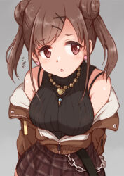 Rule 34 | 1girl, bare shoulders, black skirt, blush, breasts, brown eyes, brown hair, brown jacket, brown skirt, chain, commentary, double bun, earrings, grey background, hair bun, hair ornament, hairclip, heart, heart earrings, heart necklace, idolmaster, idolmaster shiny colors, jacket, jewelry, large breasts, long hair, looking away, necklace, off shoulder, open mouth, plaid, plaid skirt, satomura kyou, shirt, simple background, skirt, sleeveless, sleeveless shirt, solo, sonoda chiyoko, twintails, upper body