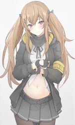 Rule 34 | 1girl, armband, bad id, bad pixiv id, belt, belt buckle, black belt, black bow, black gloves, black jacket, blush, bow, breasts, brown hair, brown pantyhose, buckle, closed mouth, clothes lift, commentary request, cowboy shot, dress shirt, fingerless gloves, girls&#039; frontline, gloves, grey background, grey skirt, hair between eyes, hair bow, hair ornament, hairclip, head tilt, hood, hood down, hooded jacket, jacket, lifted by self, long hair, looking at viewer, mobu, navel, open clothes, open jacket, pantyhose, pleated skirt, red eyes, scar, scar across eye, scar on face, shirt, shirt lift, simple background, skirt, small breasts, smile, solo, twintails, ump9 (girls&#039; frontline), very long hair, white shirt