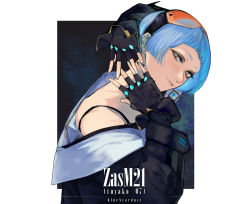 Rule 34 | 1girl, artist name, black gloves, black jacket, black nails, blue hair, blue nails, character name, closed mouth, clothes pull, eyewear on head, fingerless gloves, girls&#039; frontline, gloves, highres, jacket, jacket pull, kojima (blue stardust), looking at viewer, multicolored eyes, multicolored nails, nail polish, short hair, simple background, solo, upper body, zas m21 (girls&#039; frontline)