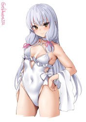 Rule 34 | 1girl, bare shoulders, blush, breasts, brown eyes, choker, cleavage, closed mouth, cosplay, covered navel, cropped legs, ebifurya, frilled one-piece swimsuit, frilled swimsuit, frills, gluteal fold, grey hair, hair ribbon, hand on own hip, highres, kantai collection, long hair, looking at viewer, murakumo (kancolle), o-ring, o-ring swimsuit, one-piece swimsuit, ribbon, sagiri (kancolle), sagiri (kancolle) (cosplay), simple background, small breasts, smile, solo, swimsuit, thick eyebrows, thighs, tress ribbon, twitter username, white background, white one-piece swimsuit, yellow eyes
