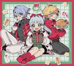 Rule 34 | 1girl, 2boys, :3, alternate costume, ayaka (genshin impact), black pants, black sweater, blonde hair, blue eyes, blue hair, blush, bow, box, candy, candy cane, christmas, closed mouth, cup, food, genshin impact, gift, gift box, gingerbread man, hair bow, hand up, holding, holding cup, hood, hood down, hoodie, jacket, kamisato ayato, long hair, long sleeves, looking at viewer, mole, mole under eye, mugime (oretekisunshine), multiple boys, open clothes, open jacket, open mouth, pants, ponytail, red bow, red socks, sidelocks, sitting, snowman, socks, star (sky), sweater, thoma (genshin impact)