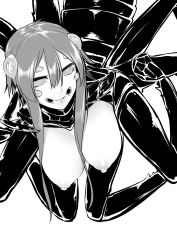 Rule 34 | 1girl, absurdres, arachne, arthropod girl, breasts, completely nude, extra eyes, greyscale, highres, insect girl, large breasts, looking at viewer, monochrome, monster girl, nakamura regura, nipples, nude, original, sidelocks, simple background, smile, solo, spider girl, taur, white background