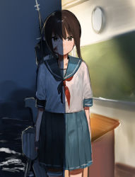Rule 34 | 1girl, black eyes, black hair, blood, blood on face, blue neckerchief, blue sailor collar, blue skirt, chalkboard, classroom, commentary request, cowboy shot, fubuki (kancolle), highres, kantai collection, long hair, low ponytail, machinery, neckerchief, night, ocean, pleated skirt, ponytail, red neckerchief, sailor collar, shishamo (domado), short ponytail, sidelocks, skirt, solo, split theme, table, water