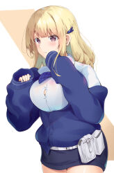 Rule 34 | 1girl, belt pouch, blonde hair, blue bow, blue bowtie, blue jacket, blush, bow, bowtie, breasts, brown eyes, button gap, cleavage, collared shirt, cowboy shot, goddess of victory: nikke, hair ornament, highres, jacket, large breasts, long hair, off-shoulder jacket, off shoulder, parted lips, pencil skirt, pouch, puffy sleeves, rizurizum, shirt, simple background, skirt, sleeves past wrists, solo, tia (nikke), white background, white shirt