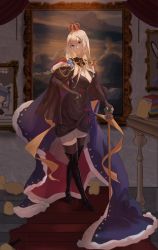 Rule 34 | 1300dudekafeibei, 2girls, absurdres, azur lane, bismarck (azur lane), bismarck (beacon of the iron blood) (azur lane), bismarck (coat of arms), black footwear, blue cape, blue eyes, book, boots, breasts, cape, cheshire (azur lane), cleavage, coat of arms, dress, epaulettes, evening gown, full body, fur-trimmed cape, fur trim, high heel boots, high heels, highres, indoors, iron blood (emblem), large breasts, long hair, manjuu (azur lane), mountain, multiple girls, official alternate costume, painting (object), ribbon, scepter, side cape, solo focus, standing, table, thigh boots, wooden floor, wooden table, yellow ribbon