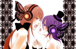 Rule 34 | 2girls, bleach, bow, butterfly wings, dress, eye contact, face-to-face, hat, headphones, holding hands, inoue orihime, insect wings, kuchiki rukia, lips, long hair, looking at another, magnet (vocaloid), mini hat, mini top hat, multiple girls, nail polish, open mouth, orange eyes, orange hair, parody, purple eyes, purple hair, purple nails, red nails, top hat, vocaloid, wings, yuri