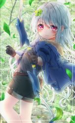 Rule 34 | 1girl, belt, black gloves, black shorts, blue cape, blush, bow (weapon), cape, clover hair ornament, earrings, gloves, grey hair, hair ornament, highres, jewelry, leaf, long hair, looking at viewer, michiru donut, original, outdoors, pink eyes, pouch, shorts, solo, weapon