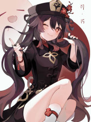 Rule 34 | 1girl, ;), absurdres, black nails, blush, brown hair, closed eyes, fang, flower, gat (korean traditional hat), genshin impact, ghost, hat, highres, hu tao (genshin impact), jewelry, looking at viewer, nail polish, one eye closed, open mouth, plum blossoms, red eyes, ring, rippajun, shorts, smile, socks, symbol-shaped pupils, twintails