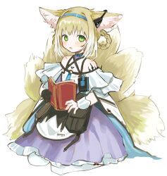 Rule 34 | 1girl, animal ear fluff, animal ears, apron, arknights, black gloves, blonde hair, blue hairband, blush, book, braid, commentary request, fox ears, fox girl, fox tail, frilled skirt, frills, full body, gloves, green eyes, hair rings, hairband, highres, holding, holding book, kitsune, looking at viewer, multicolored hair, nasu bacon, open book, pantyhose, parted lips, purple skirt, seiza, simple background, single glove, sitting, skirt, solo, suzuran (arknights), tail, twin braids, two-tone hair, white apron, white background, white hair, white pantyhose