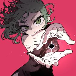 Rule 34 | 1girl, black dress, black hole, breasts, commentary, curly hair, dress, energy ball, flipped hair, foreshortening, green eyes, green hair, highres, no bra, one-punch man, pink hair, side slit, small breasts, solo, ssambatea, tatsumaki, telekinesis, torn clothes, torn dress, torn sleeve