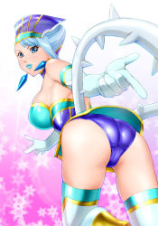 Rule 34 | 10s, 1girl, ass, backless outfit, bare shoulders, blue eyes, blue hair, blue rose (tiger &amp; bunny), breasts, earrings, elbow gloves, gloves, jewelry, karina lyle, large breasts, looking back, matching hair/eyes, solo, thighhighs, thorns, tiger &amp; bunny, ueyama michirou