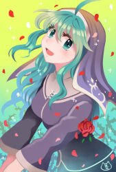Rule 34 | 1girl, eyelashes, flower, gradient background, green background, green eyes, green hair, habit, highres, long sleeves, looking at viewer, maria (housamo), nun, open mouth, petals, plant, red flower, red rose, rose, rose petals, solo, sumi wo hakuneko, thorns, tokyo houkago summoners, veil, vines