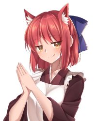 Rule 34 | 1girl, animal ears, apron, bad id, bad pixiv id, blue bow, bow, breasts, brown kimono, cat ears, extra ears, hair bow, japanese clothes, kemonomimi mode, kimono, kohaku (tsukihime), licking lips, maid, red eyes, simple background, small breasts, smile, solo, tongue, tongue out, tsukihime, upper body, wa maid, white apron, white background, yellow eyes, zero0ex