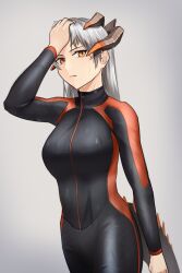 Rule 34 | 1girl, adjusting hair, alternate costume, arknights, arm up, black bodysuit, black wetsuit, bodysuit, breasts, clenched hand, commission, cowboy shot, diving suit, grey background, grey hair, highres, horns, kis sako, long hair, looking at viewer, medium breasts, open mouth, orange eyes, saria (arknights), skeb commission, solo, tail, teeth, two-tone bodysuit, water drop, wet, wet clothes, wetsuit, zipper pull tab