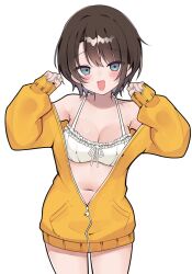 Rule 34 | 1girl, absurdres, bare shoulders, bikini, black outline, blue eyes, blue nails, blush, breasts, brown hair, cleavage, commentary, highres, hololive, jacket, medium breasts, meiwowowo, navel, oozora subaru, open clothes, open jacket, open mouth, outline, paw pose, pocket, simple background, solo, swimsuit, symbol-only commentary, thighs, virtual youtuber, white background, white bikini, yellow jacket, zipper