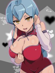 Rule 34 | 1girl, adjusting hair, aqua hair, bare shoulders, blue hair, breasts, cardfight!! vanguard, china dress, chinese clothes, cleavage, cleavage cutout, clothing cutout, covered navel, cowboy shot, detached sleeves, dress, female focus, gillian chen, hands up, heart, hip focus, large breasts, long hair, looking at viewer, oda koziki, open mouth, red dress, signature, simple background, smile, solo, standing, yellow eyes