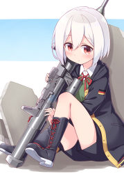 Rule 34 | 1girl, black footwear, black jacket, black shorts, blue background, blush, boots, borrowed character, character request, closed mouth, collared shirt, commentary request, cross-laced footwear, german flag, gun, hair between eyes, harada (sansei rain), high-explosive anti-tank (warhead), holding, holding gun, holding weapon, jacket, knees up, lace-up boots, long sleeves, looking at viewer, man-portable anti-tank systems, neck ribbon, open clothes, open jacket, original, panzerfaust 3, recoilless gun, red eyes, red ribbon, ribbon, rocket-propelled grenade, rocket (projectile), rocket launcher, shadow, shirt, short shorts, shorts, sitting, solo, sweater vest, two-tone background, weapon, white background, white hair, white shirt