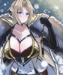 Rule 34 | 1girl, alisa (11749711), arm up, azur lane, black bra, black choker, black gloves, black pantyhose, blonde hair, blue eyes, bra, bra strap, breasts, character name, choker, cleavage, clenched hand, coat, coat dress, collarbone, dress, elbow gloves, flower, fur-trimmed coat, fur trim, gloves, hair flower, hair ornament, hair ribbon, highres, holstered, kronshtadt (azur lane), large breasts, long hair, looking at viewer, mole, mole on breast, night, night sky, open mouth, pantyhose, parted lips, ribbon, sky, solo, standing, sword, thighhighs, thighs, underwear, upper body, weapon, white coat, white dress