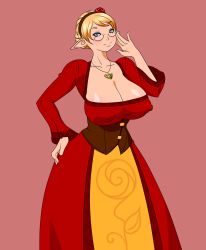 Rule 34 | 1girl, blonde hair, blue eyes, breasts, cleavage, collarbone, covered erect nipples, curvy, deonefairy, dress, elf, female focus, flower, glasses, hair ornament, hairband, highres, jewelry, large breasts, long skirt, looking at viewer, necklace, no bra, original, pointy ears, rose, shiny skin, simple background, skirt, solo, standing, wide hips