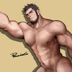 Rule 34 | 1boy, abs, absurdres, arm up, armpit hair, armpit peek, ass, bara, beard, biceps, black hair, completely nude, cowboy shot, facial hair, flaccid, highres, huge filesize, large pectorals, leaning to the side, leg hair, looking to the side, male focus, muscular, muscular male, navel, navel hair, nipples, nude, original, pectorals, penis, penis peek, powerlesssong, short hair, solo, thighs