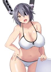 Rule 34 | 1girl, bikini, breasts, cameltoe, cleavage, collarbone, cowboy shot, eyepatch, gin&#039;ichi (akacia), gluteal fold, headgear, kantai collection, kickboard, large breasts, looking at viewer, navel, purple hair, short hair, simple background, solo, swimsuit, tenryuu (kancolle), wet, white background, white bikini, yellow eyes