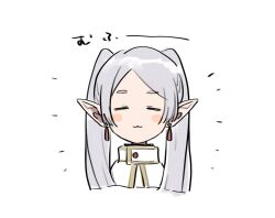 Rule 34 | 1girl, :3, = =, blush stickers, capelet, closed eyes, closed mouth, commentary, earrings, elf, frieren, grey hair, jewelry, long hair, looking at viewer, pointy ears, solo, sousou no frieren, thick eyebrows, twintails, u0oouo, upper body, white capelet