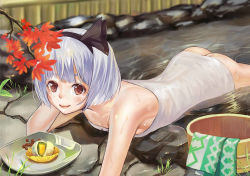 Rule 34 | 1girl, alternate eye color, ass, back, bad id, bad pixiv id, bare shoulders, bow, brown eyes, bucket, butt crack, dango, food, hairband, konpaku youmu, leaf, lips, looking at viewer, lying, maple leaf, naked towel, no panties, on stomach, onsen, partially submerged, plate, short hair, silver hair, smile, solo, touhou, towel, wagashi, water, wet, wet hair, yizhirenben